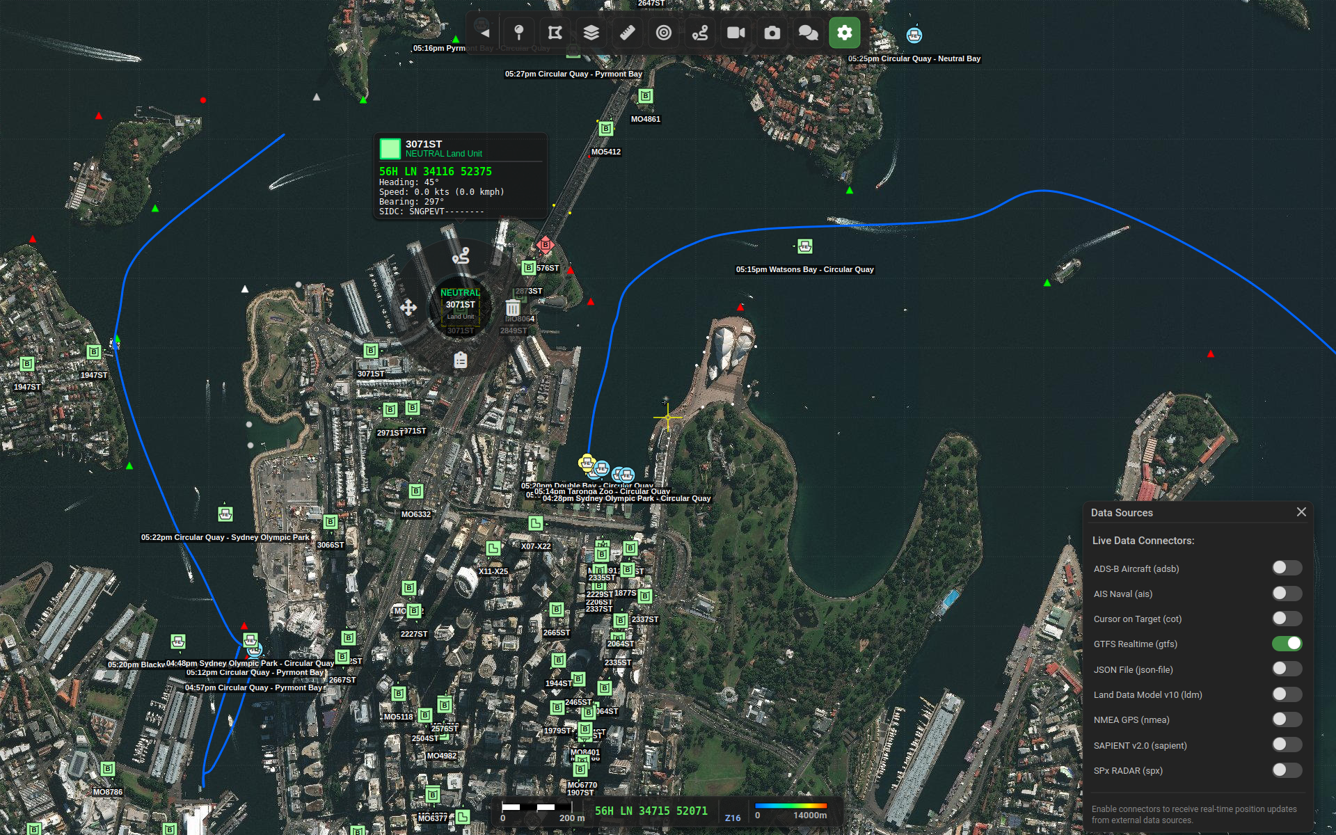 Google Transport feed overlaid on satellite image of Sydney
